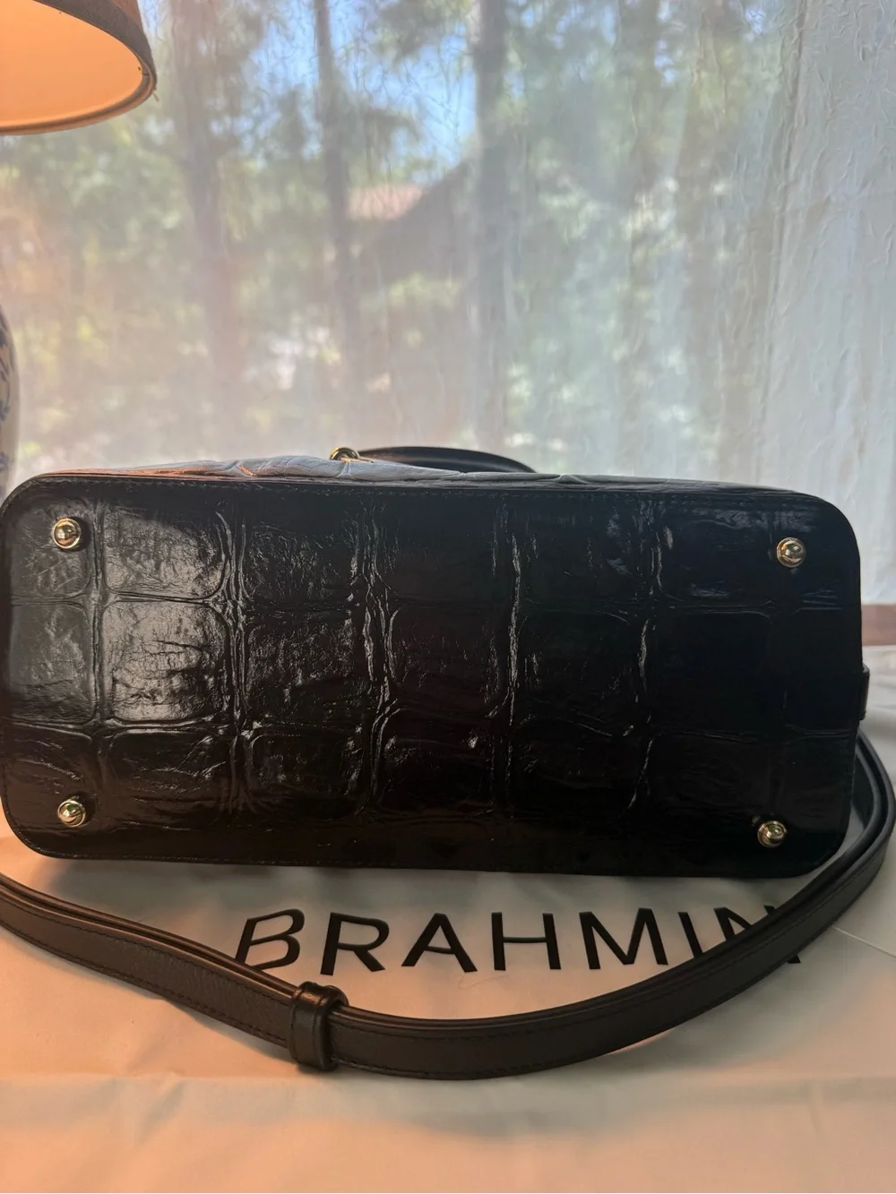 Brahmin Black Croc-Embossed Patent Satchel with Tassel